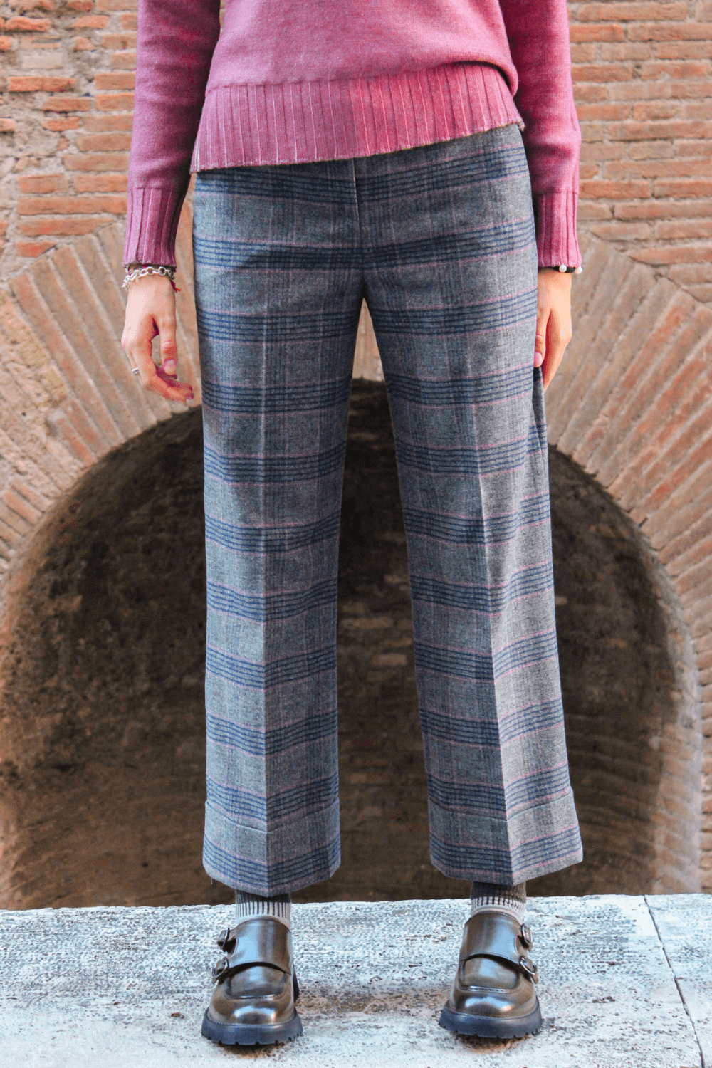 Pantaloni Risvolto Check
