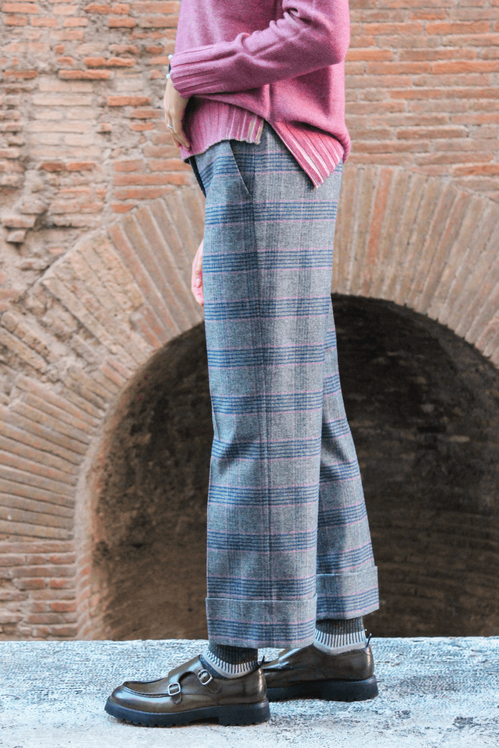 Pantaloni Risvolto Check